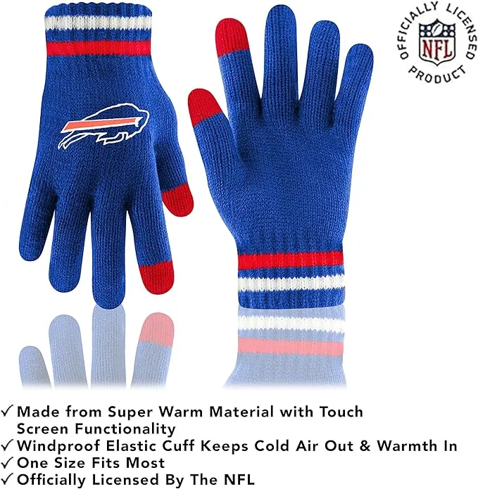 NFL Womens Super Soft Team Stripe Winter Beanie Knit Hat with Extra Warm Touch Screen Gloves|Buffalo Bills