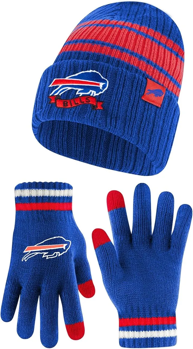 NFL Womens Super Soft Team Stripe Winter Beanie Knit Hat with Extra Warm Touch Screen Gloves|Buffalo Bills