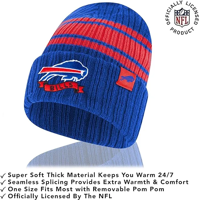 NFL Womens Super Soft Team Stripe Winter Beanie Knit Hat with Extra Warm Touch Screen Gloves|Buffalo Bills