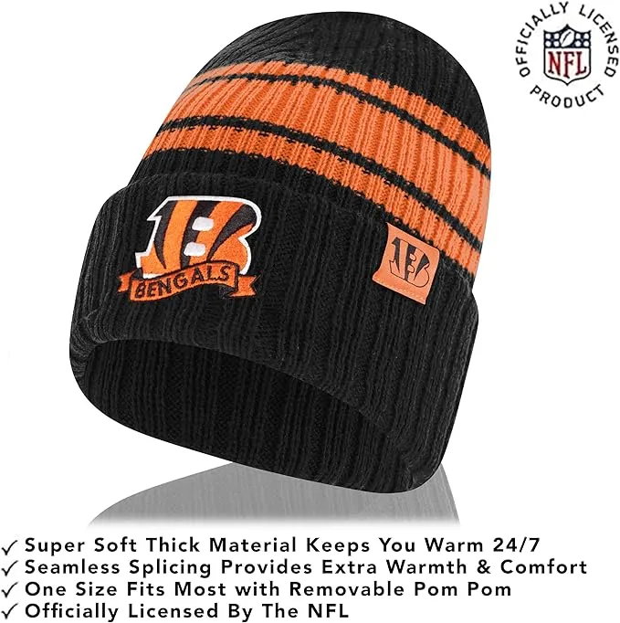 NFL Womens Super Soft Team Stripe Winter Beanie Knit Hat with Extra Warm Touch Screen Gloves|Cincinnati Bengals