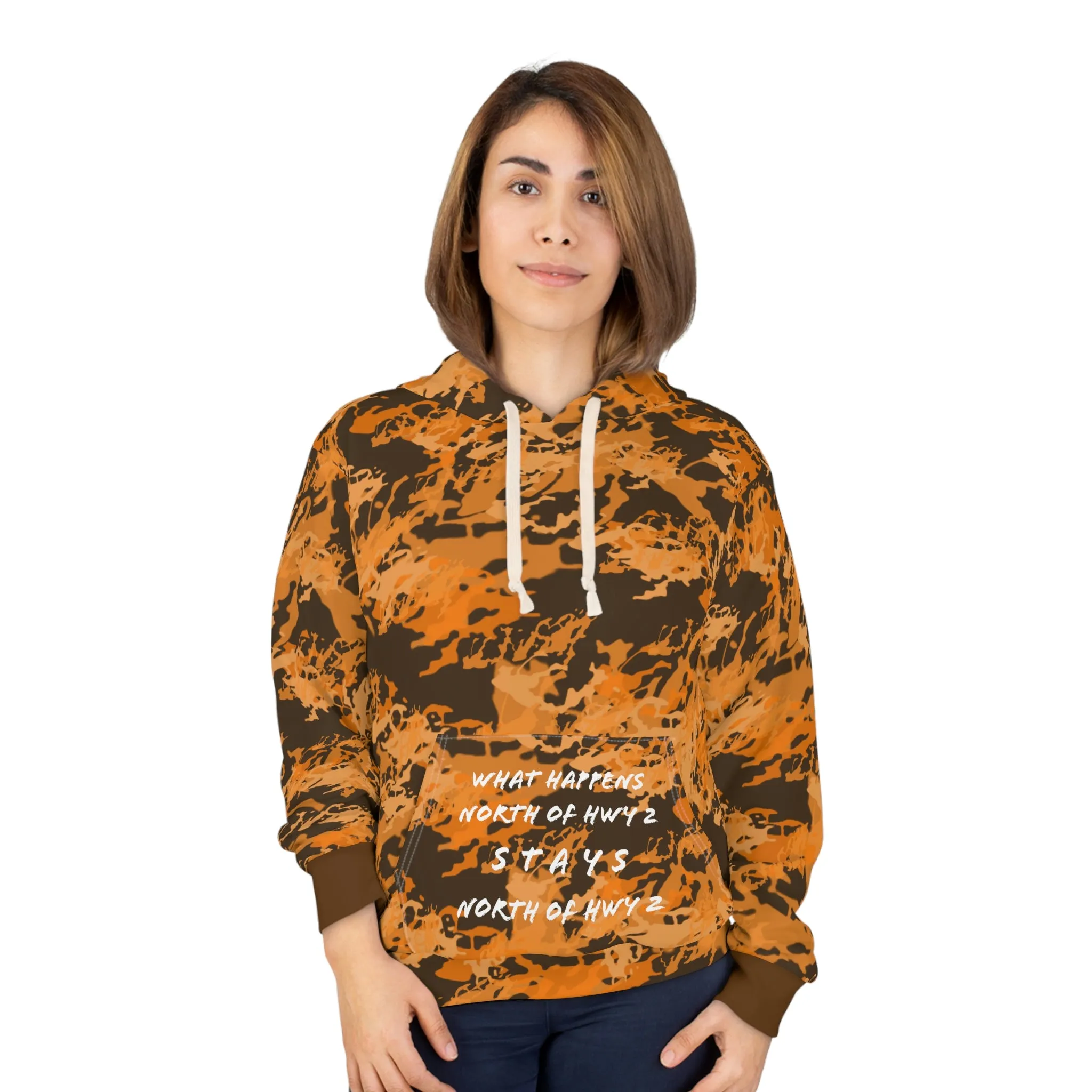 North of Hwy 2 - CUSTOM Vermilook® Dark Orange Camo - Camp Pocket - AOP Unisex Pullover Hoodie