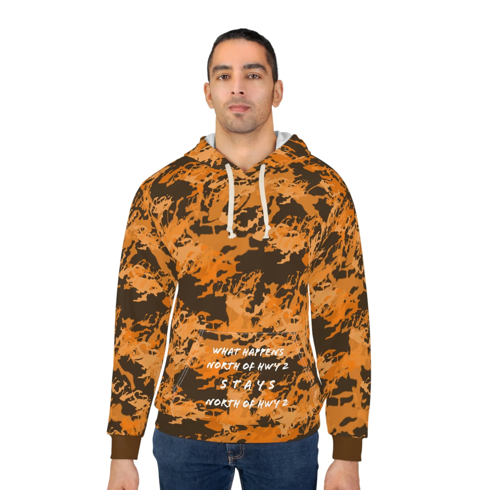 North of Hwy 2 - CUSTOM Vermilook® Dark Orange Camo - Camp Pocket - AOP Unisex Pullover Hoodie