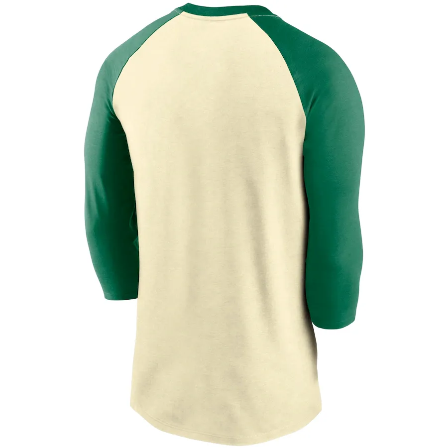 Oakland Athletics Nike Cooperstown Collection Script Tri-Blend 3/4 Sleeve Raglan T-Shirt – Cream/Green