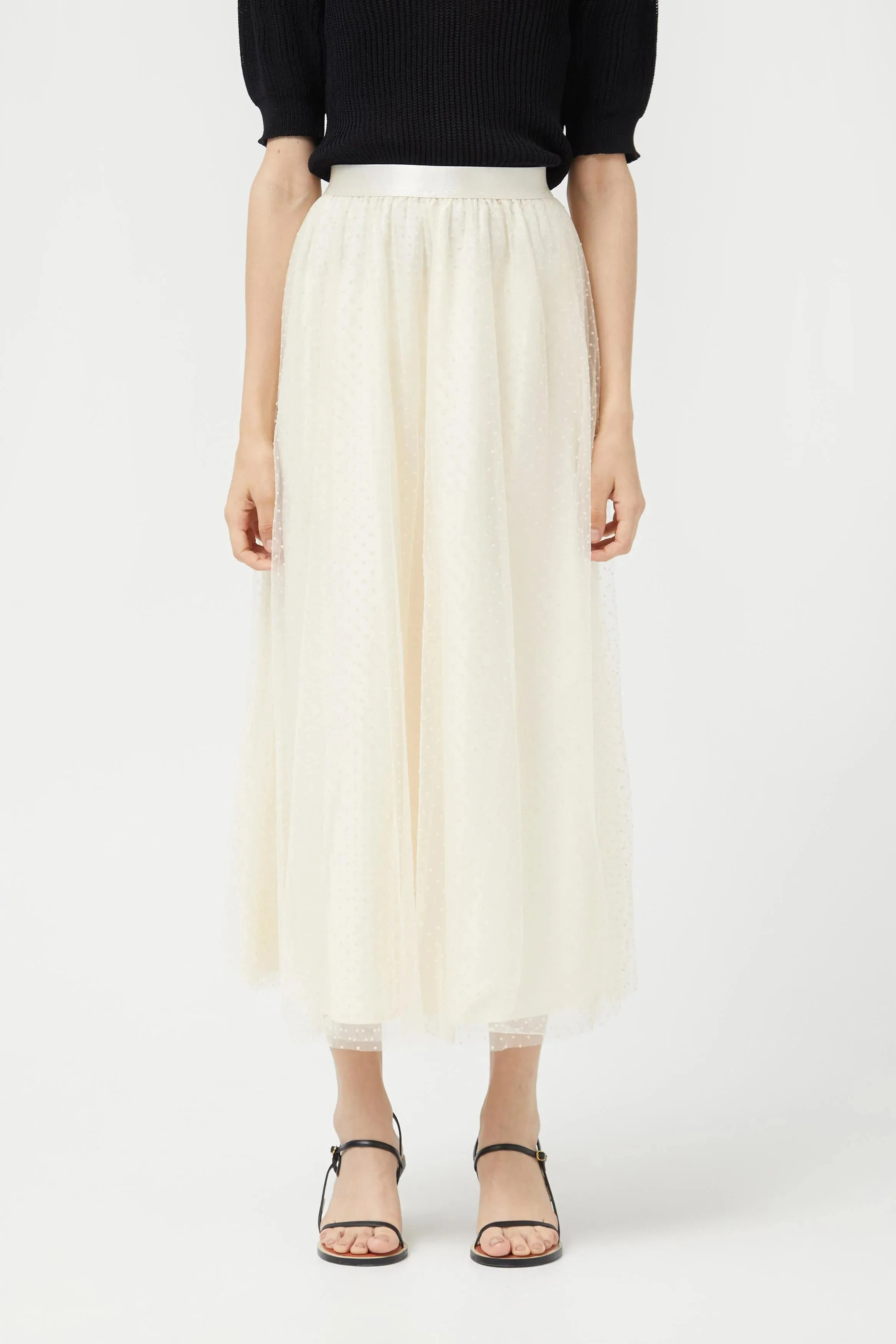 Off White Tulle Midi Skirt