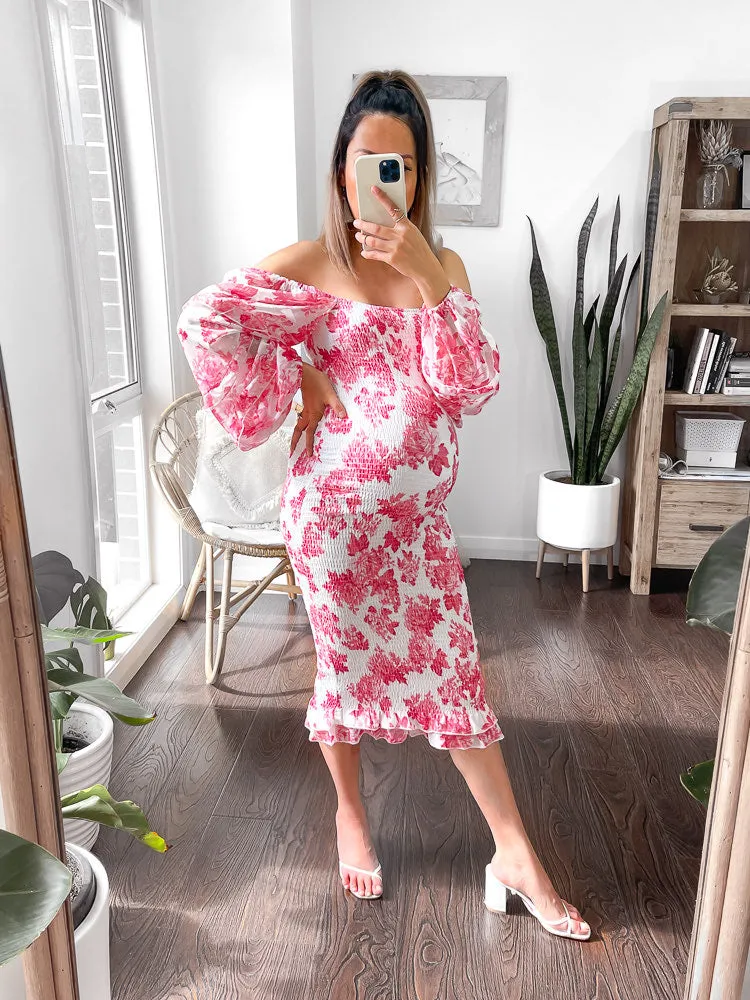 Oh Baby Shirred Midi Dress - Pink Floral