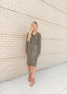 Olive Long Sleeve Ribbed Sweater Dress