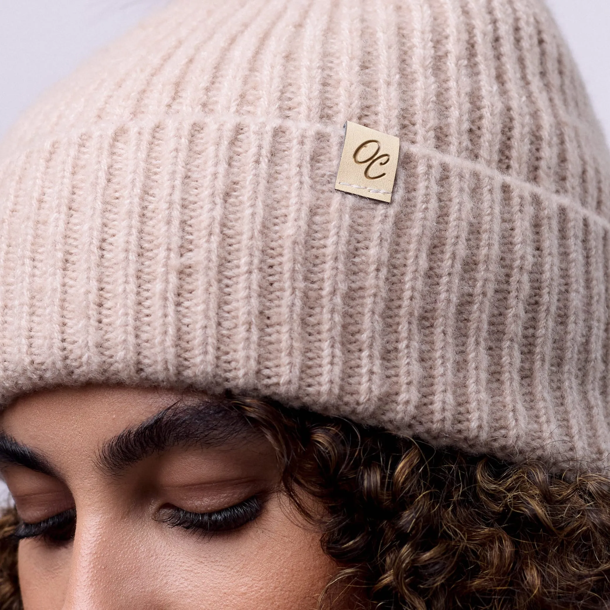 Only Curls Satin Lined Beanie with Pom - Carrie in Sand