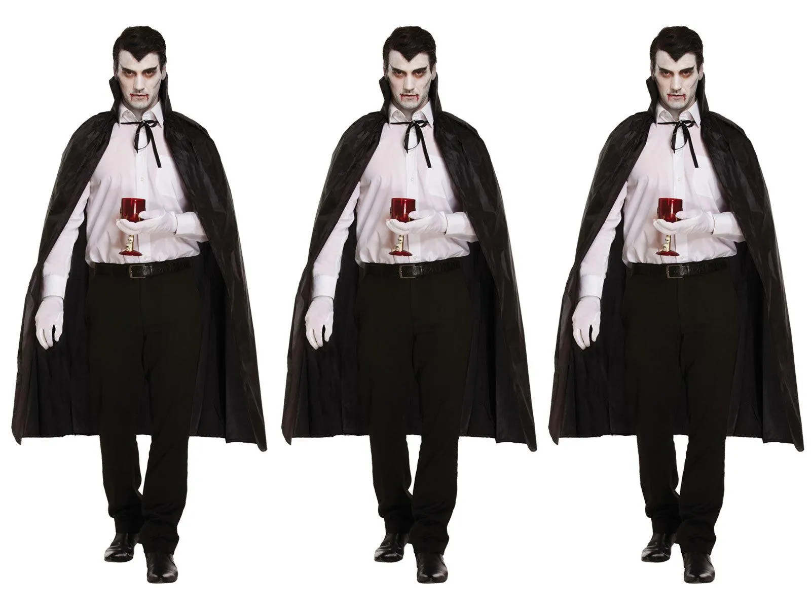 Pack of 3 Black Dracula Long Capes with Collar - Halloween Scary Vampire Fancy Dress Costume Accessories