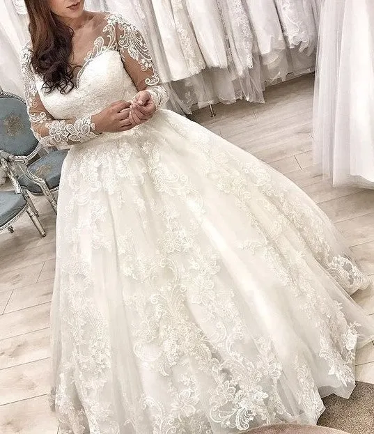 Paisley Lace Long Sleeved Ball Wedding Gown All Sizes/Colors