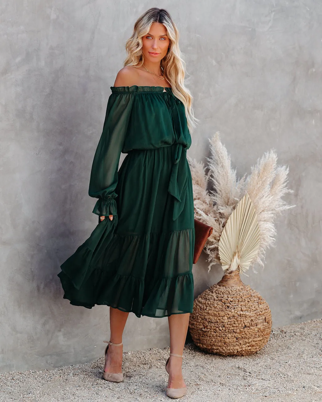 Peacekeeper Off The Shoulder Midi Dress - Hunter Green