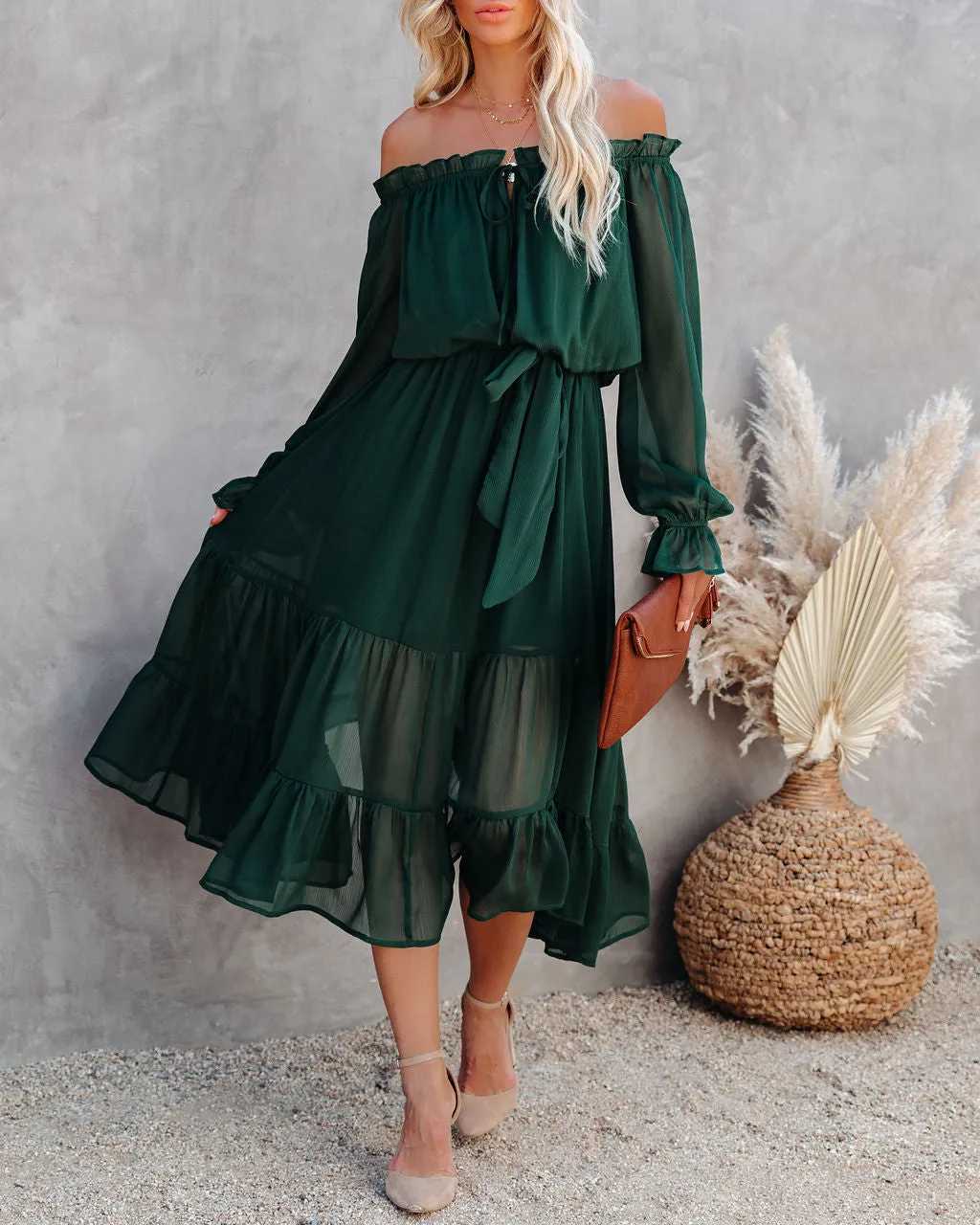 Peacekeeper Off The Shoulder Midi Dress - Hunter Green