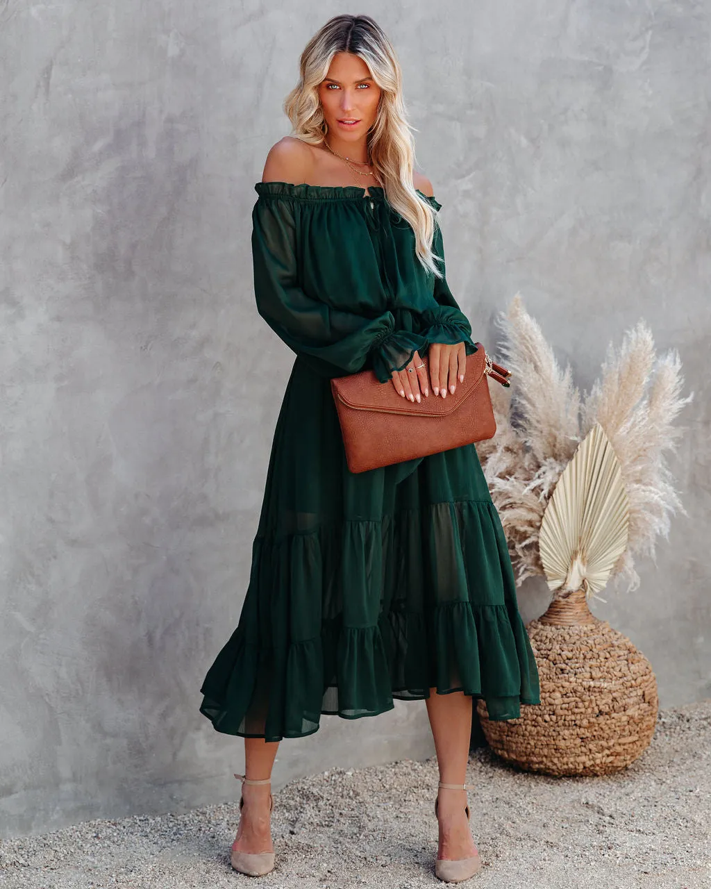 Peacekeeper Off The Shoulder Midi Dress - Hunter Green