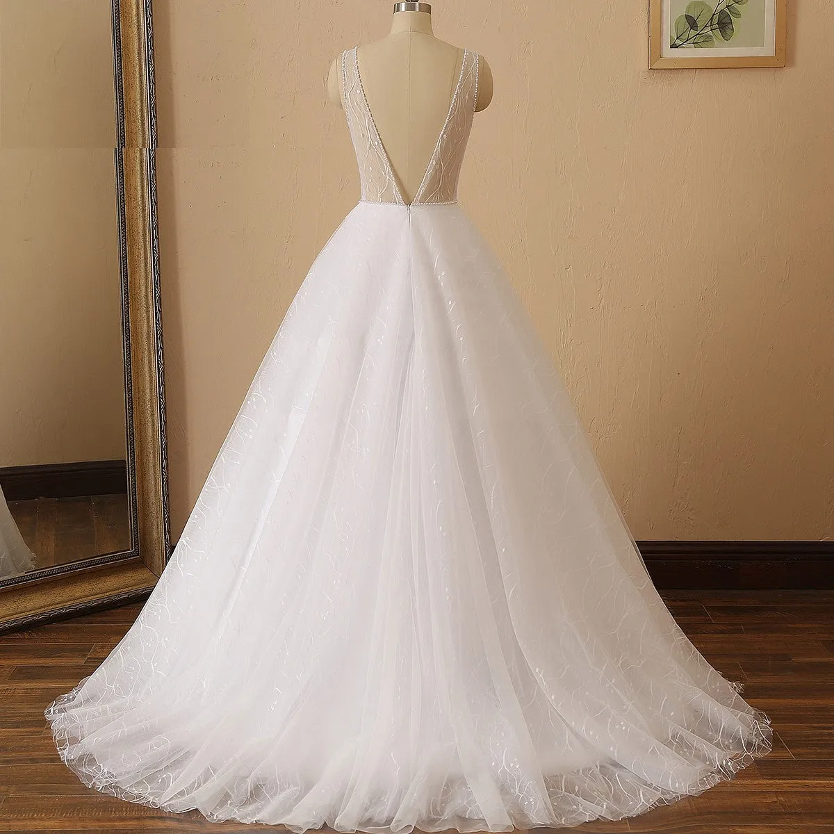 Pearl Trim Illusion Bodice Tulle A Line Wedding Gown All Sizes/Colors