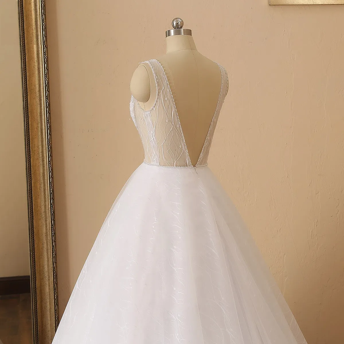 Pearl Trim Illusion Bodice Tulle A Line Wedding Gown All Sizes/Colors