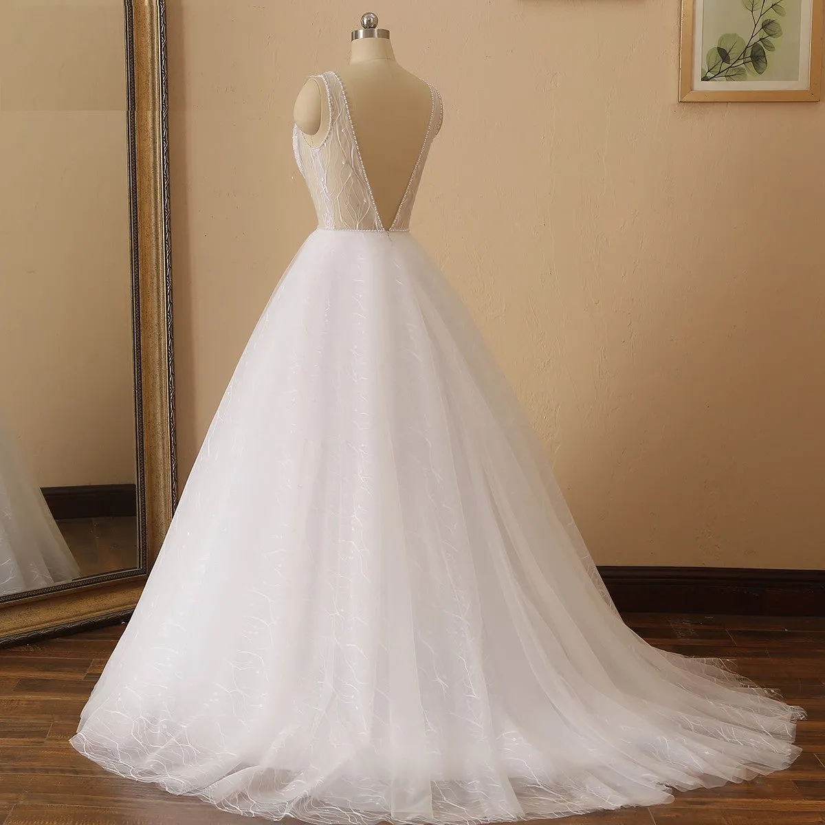 Pearl Trim Illusion Bodice Tulle A Line Wedding Gown All Sizes/Colors