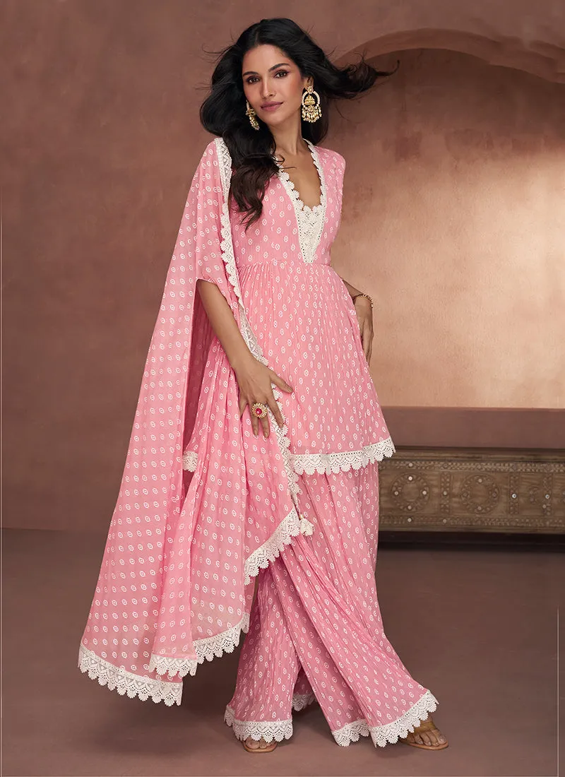 Pink Crochet Embroidery Gharara Style Suit