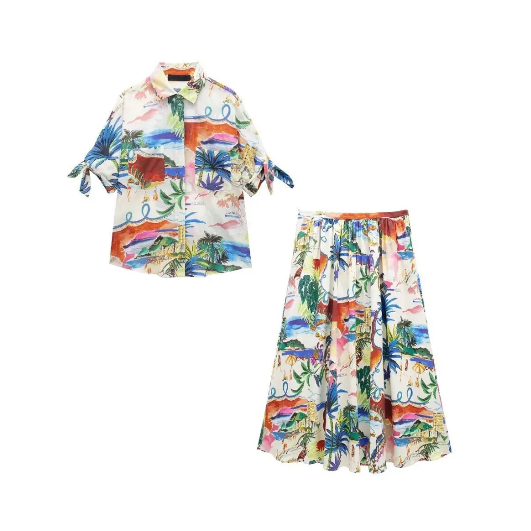 Pre Order:  Nature Print Loose Shirt   Midi Skirt