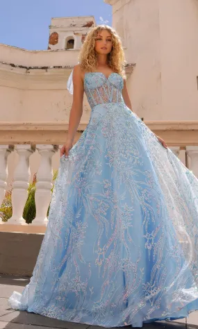 RARI Baby Blue Sequin Bustier Bow Ball Gown School Formal & Prom Dress