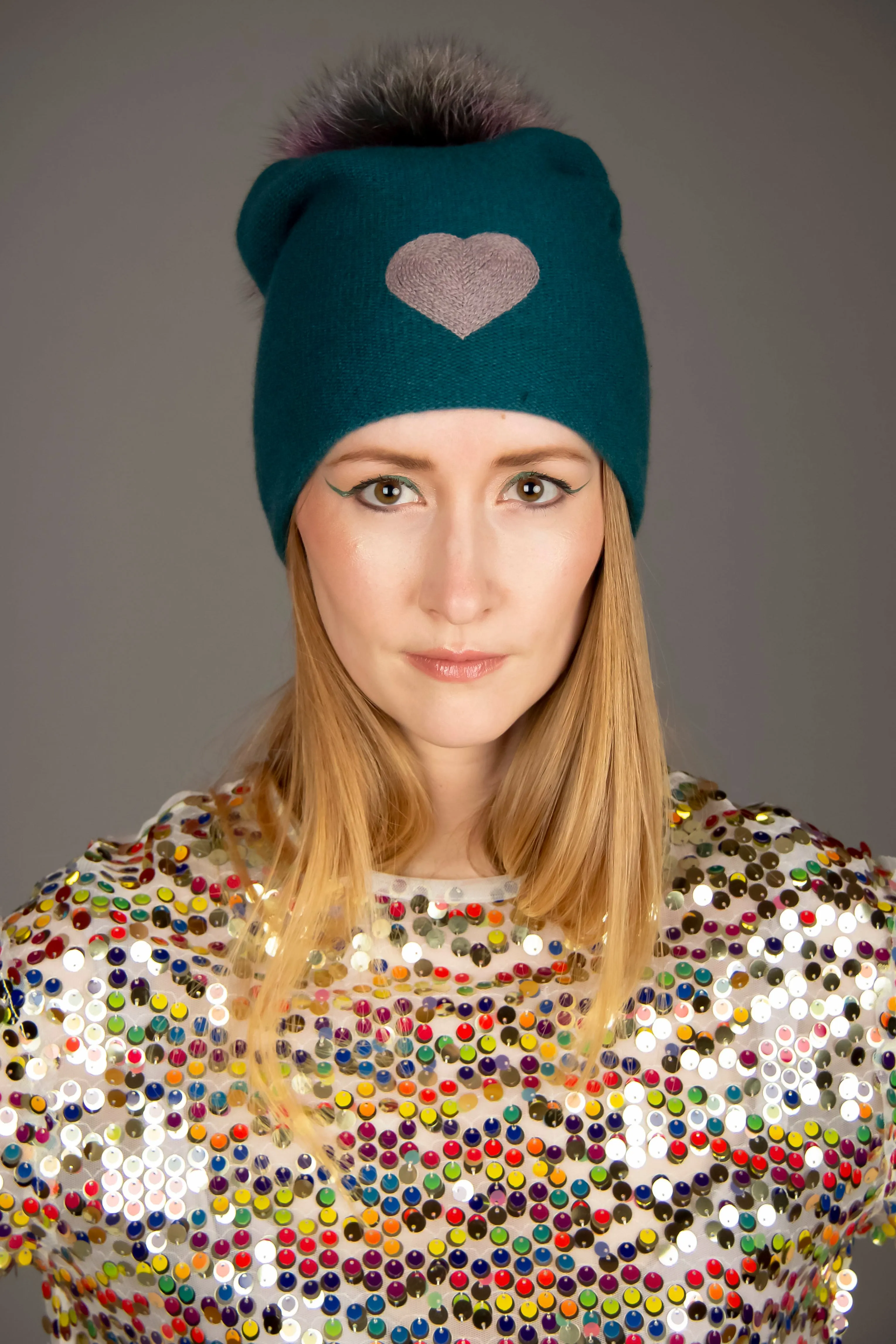 Reversible Slouchy Teal Cashmere Hat with Lilac Heart and Rainbow Pom