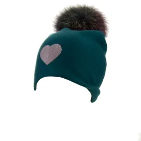 Reversible Slouchy Teal Cashmere Hat with Lilac Heart and Rainbow Pom