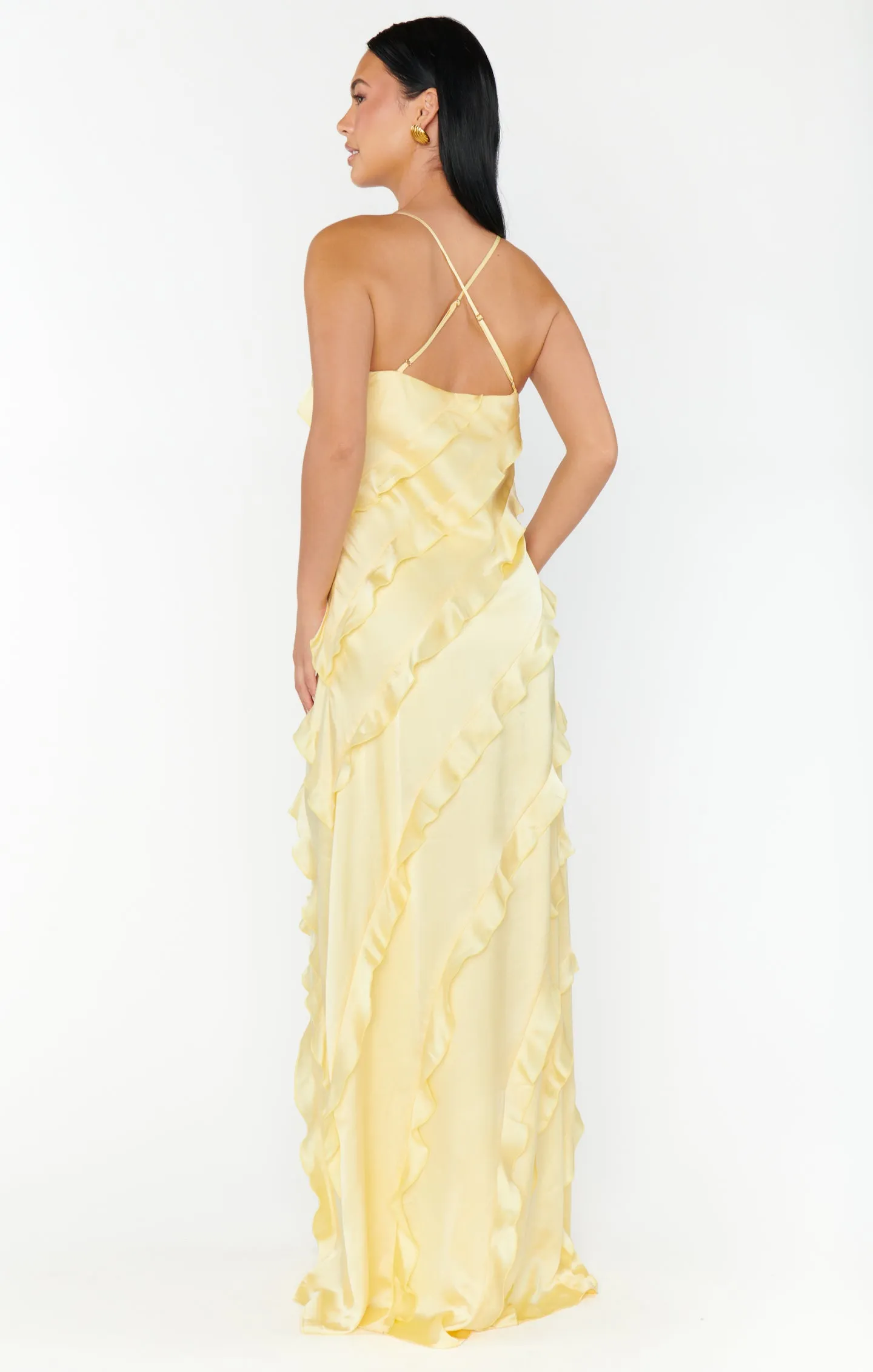 Romance Ruffle Dress ~ Pale Yellow Luxe Satin