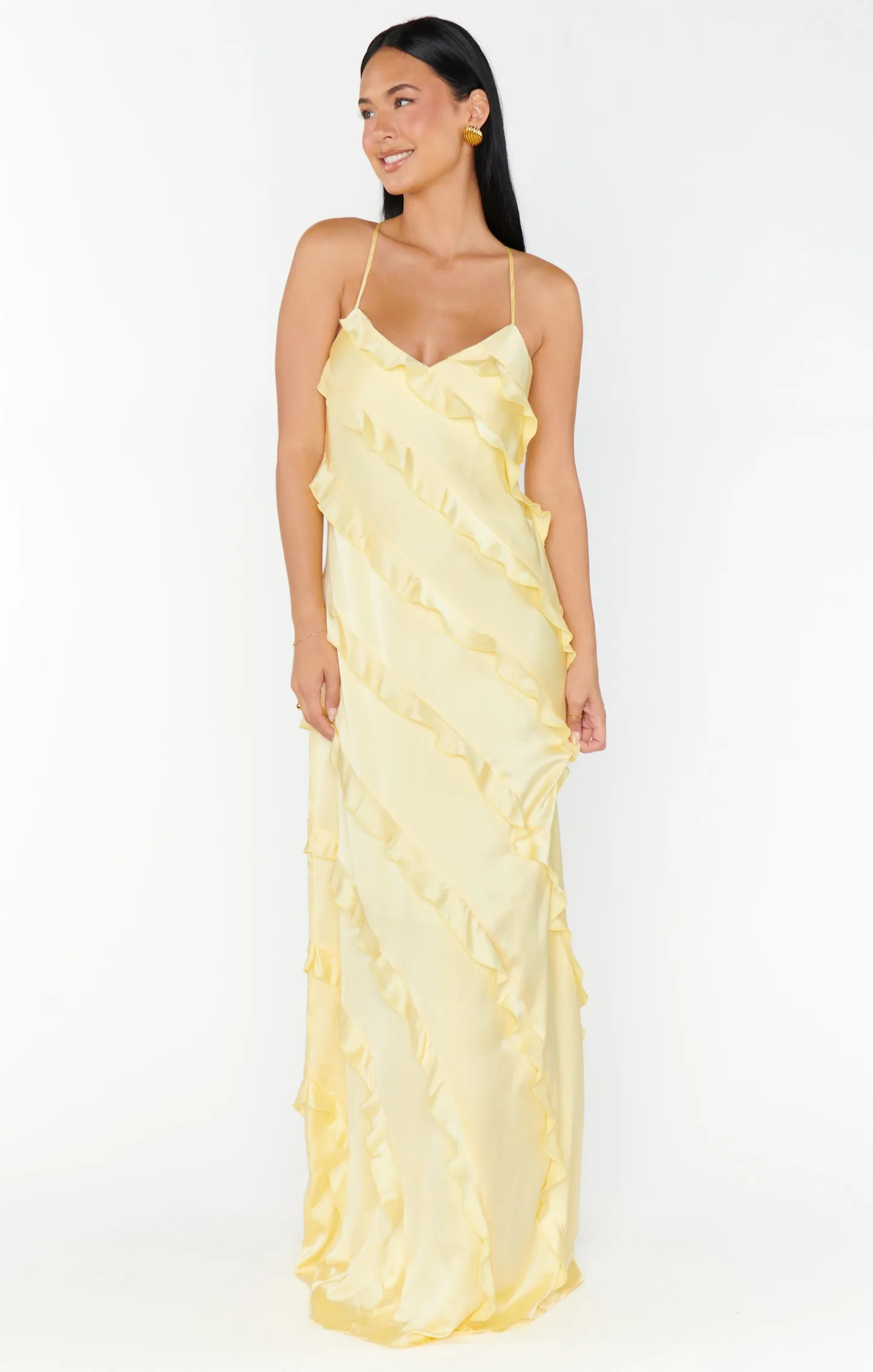 Romance Ruffle Dress ~ Pale Yellow Luxe Satin