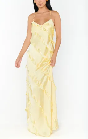 Romance Ruffle Dress ~ Pale Yellow Luxe Satin