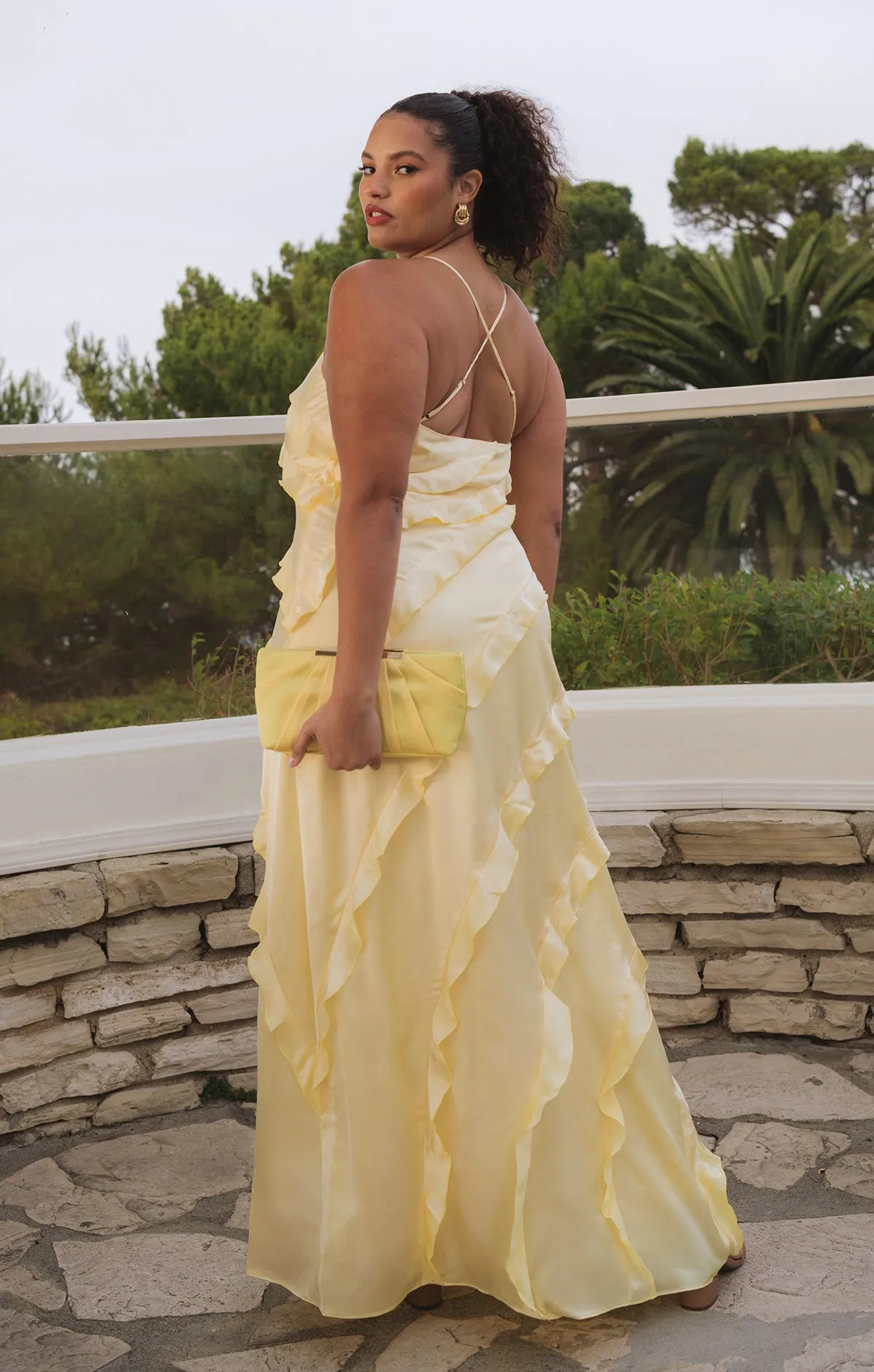 Romance Ruffle Dress ~ Pale Yellow Luxe Satin