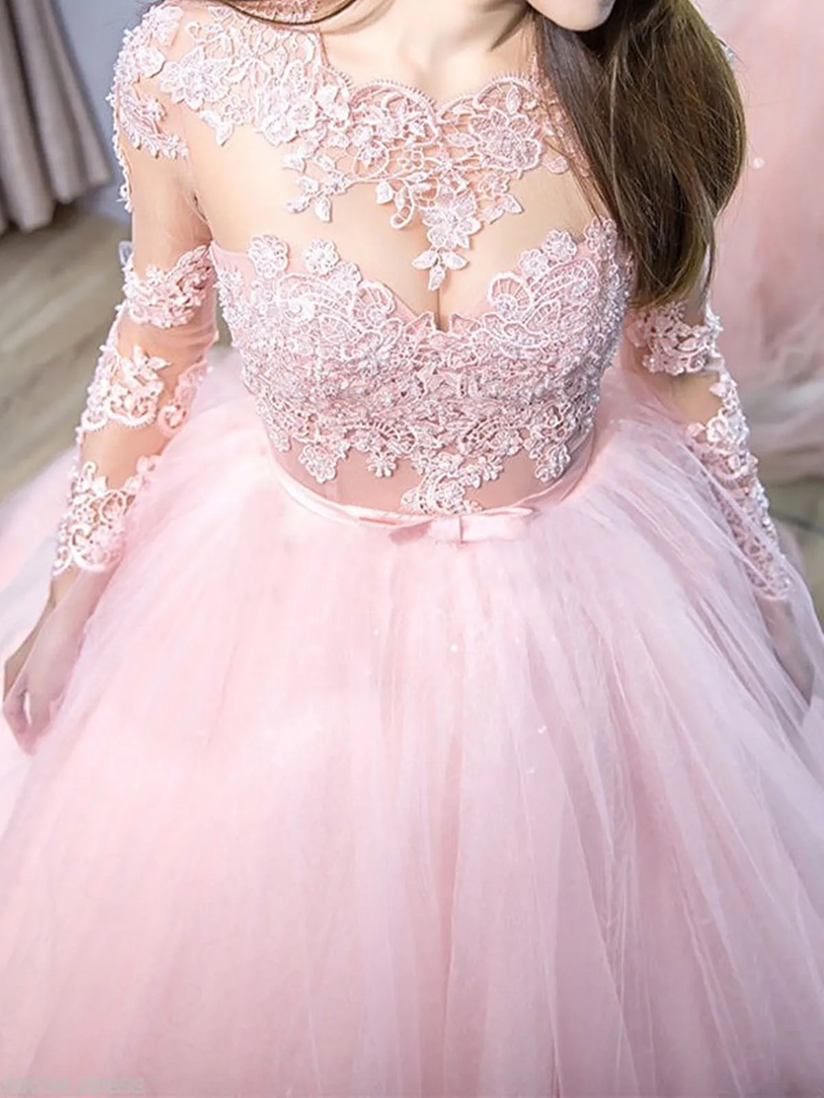 Round Neck Long Sleeves Pink Lace Long Prom Dresses, Long Sleeves Pink Formal Evening Dresses, Pink Lace Ball Gown