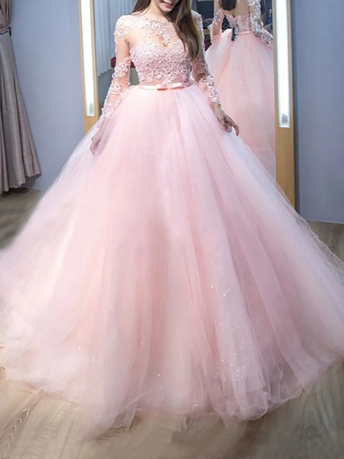 Round Neck Long Sleeves Pink Lace Long Prom Dresses, Long Sleeves Pink Formal Evening Dresses, Pink Lace Ball Gown