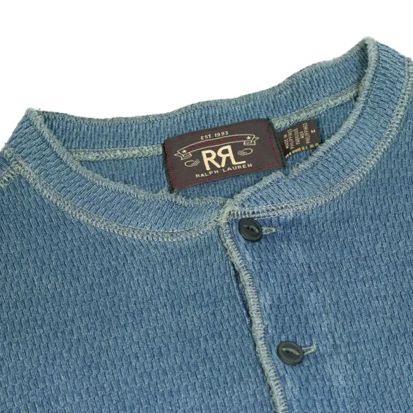 RRL by Ralph Lauren Waffle Knitted Cotton Henley Washed Blue Indigo