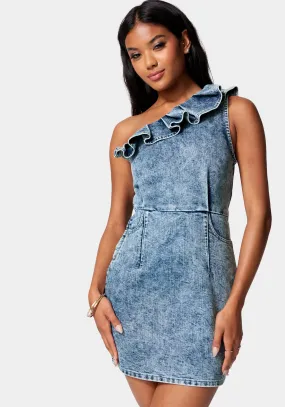 Ruffle Detail Lurex Denim Dress