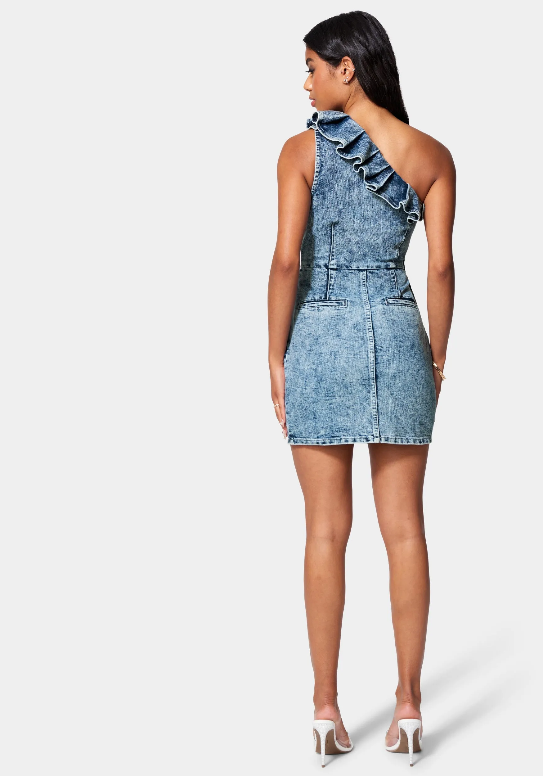 Ruffle Detail Lurex Denim Dress