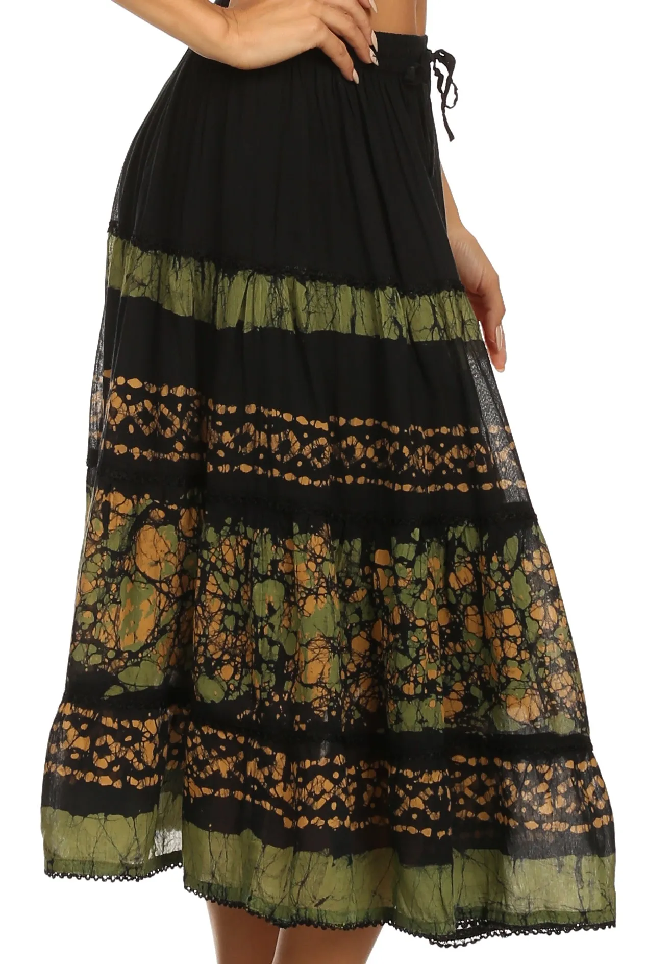 Sakkas Layla Adjustable Waist Batik Tiered Mid-length Skirt