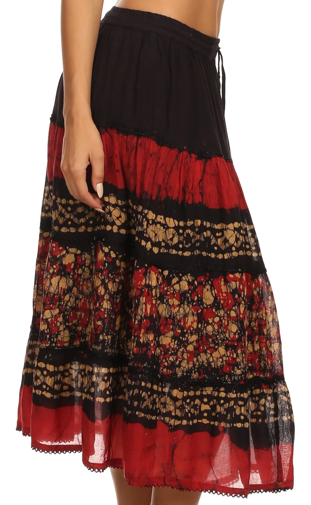 Sakkas Layla Adjustable Waist Batik Tiered Mid-length Skirt