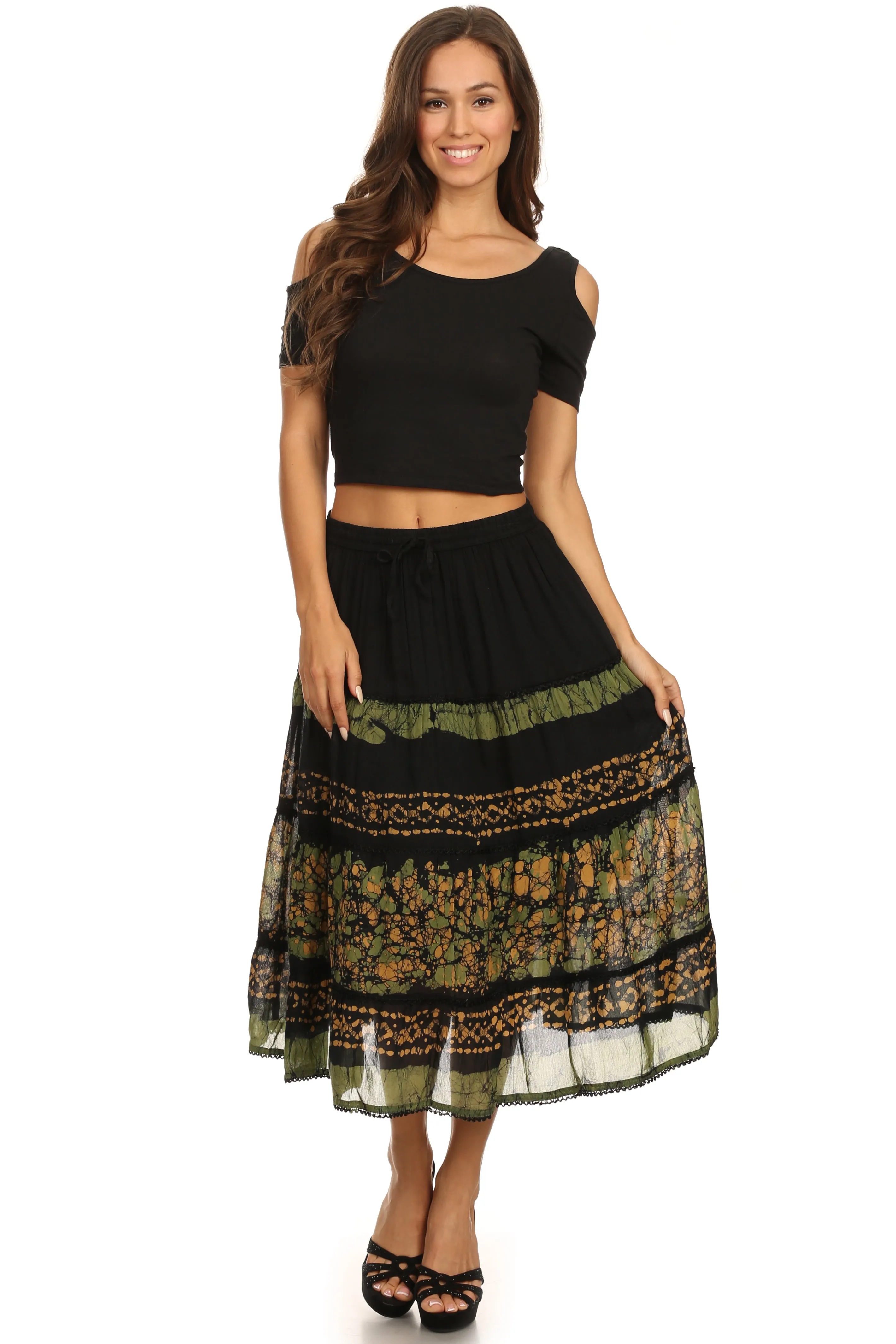 Sakkas Layla Adjustable Waist Batik Tiered Mid-length Skirt