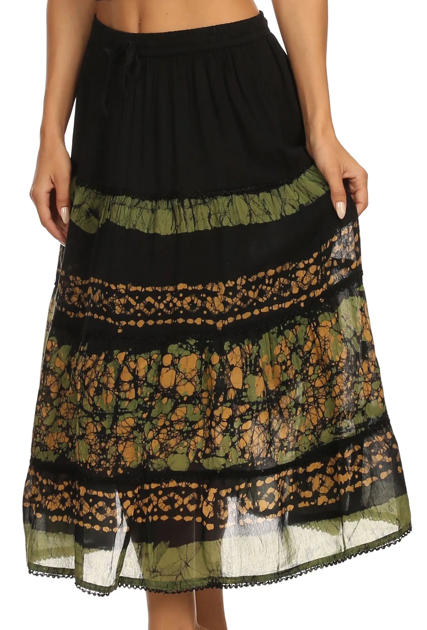 Sakkas Layla Adjustable Waist Batik Tiered Mid-length Skirt