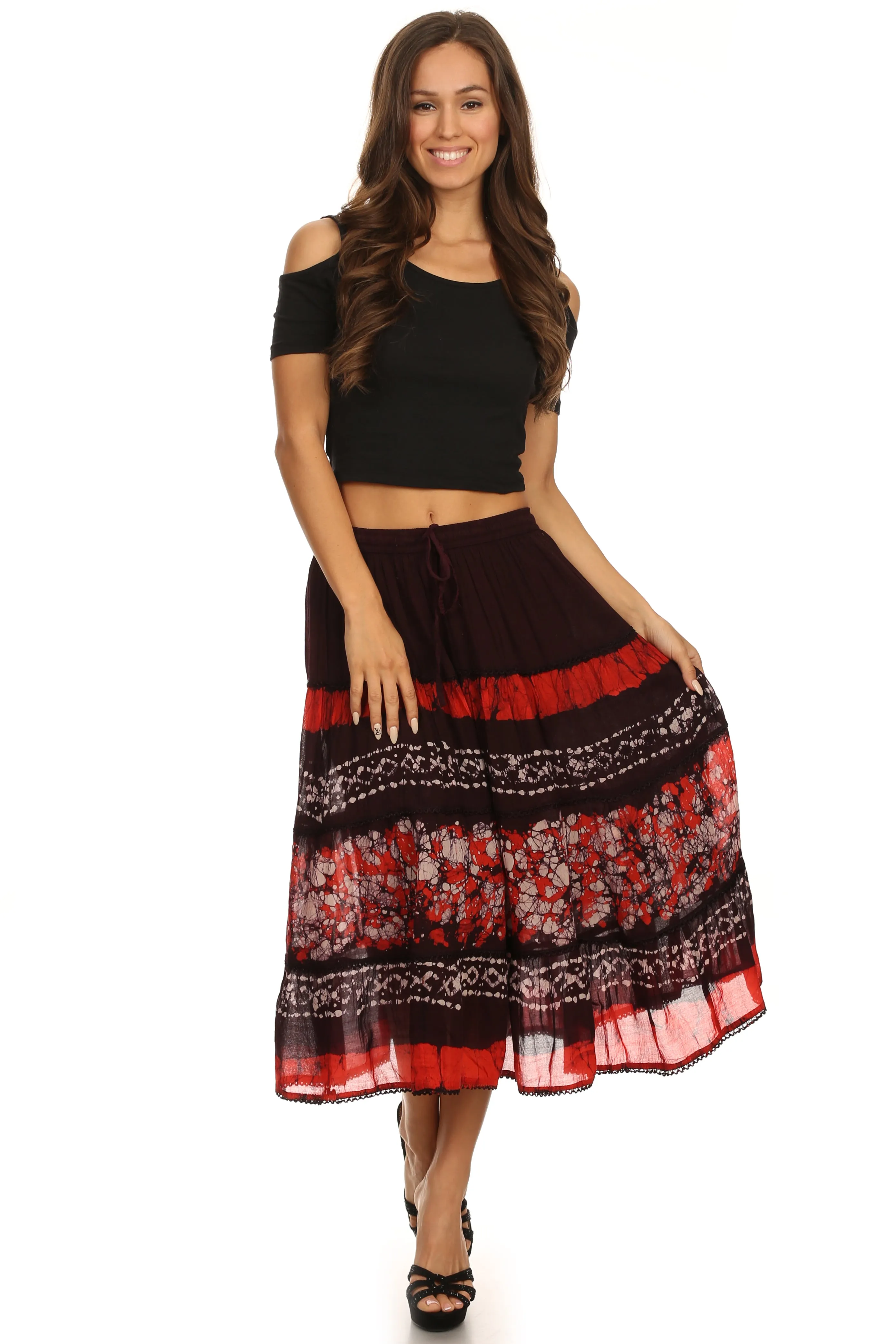 Sakkas Layla Adjustable Waist Batik Tiered Mid-length Skirt