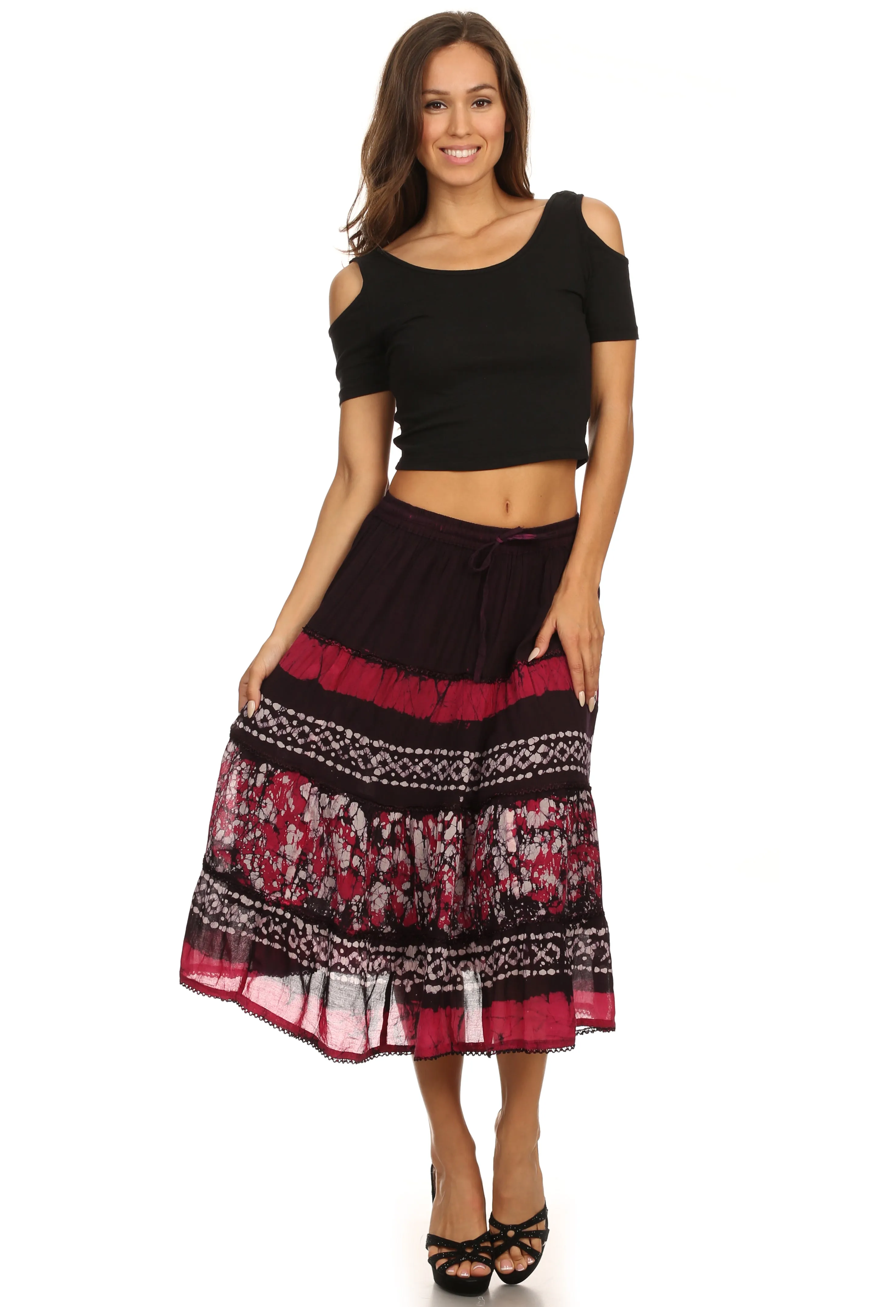 Sakkas Layla Adjustable Waist Batik Tiered Mid-length Skirt