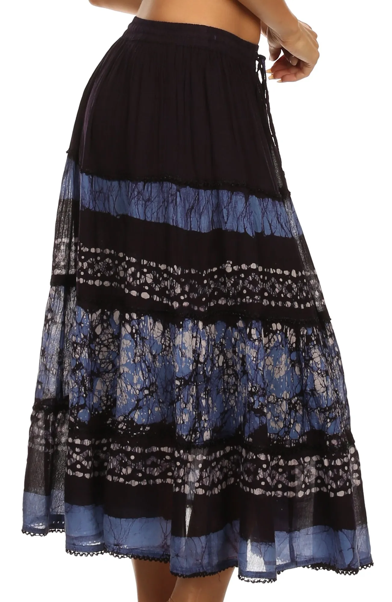 Sakkas Layla Adjustable Waist Batik Tiered Mid-length Skirt