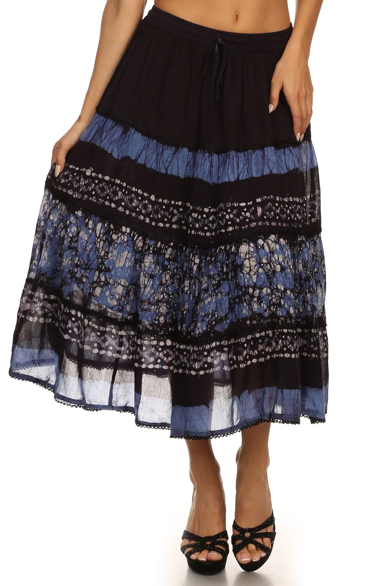 Sakkas Layla Adjustable Waist Batik Tiered Mid-length Skirt