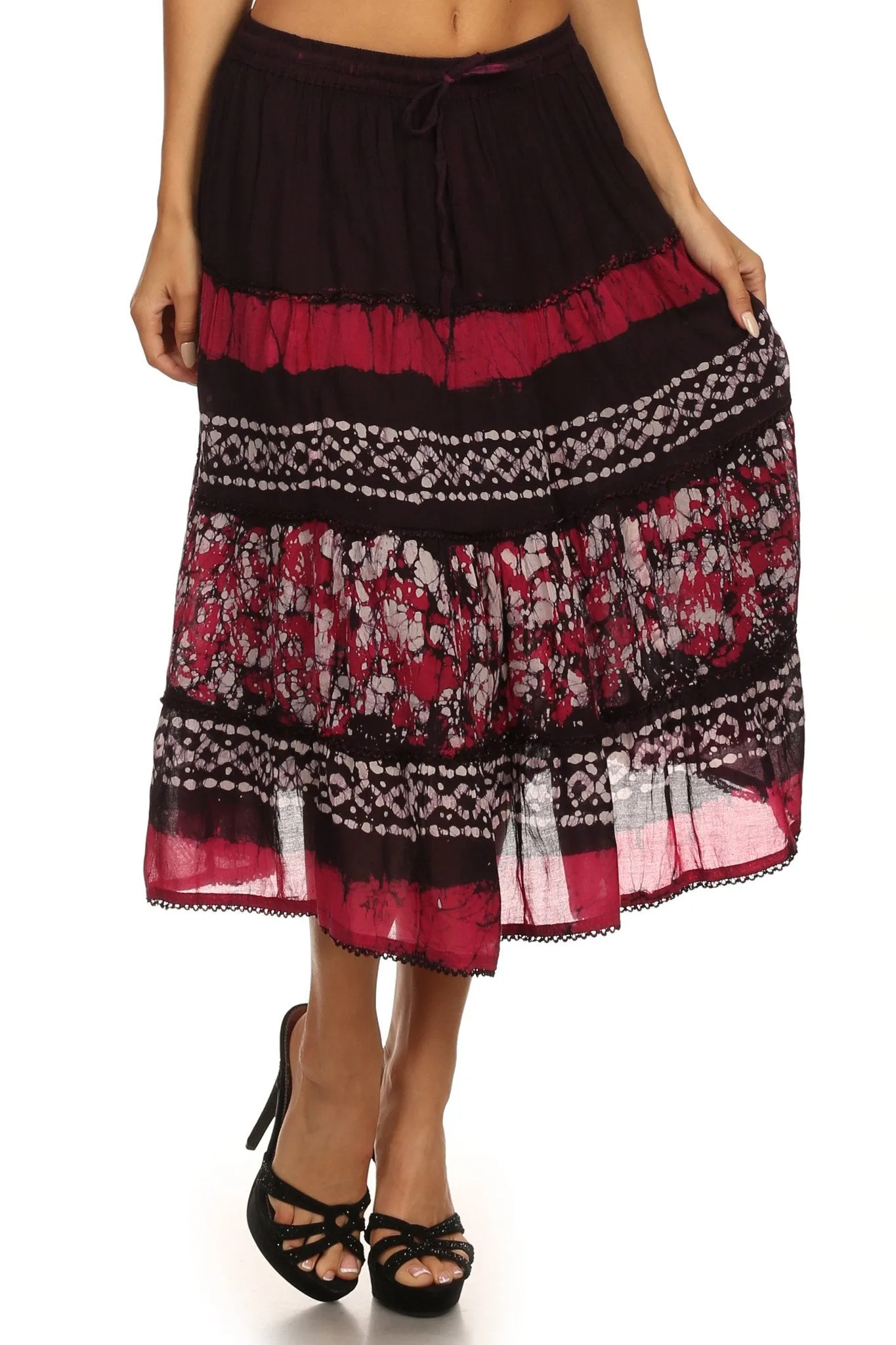 Sakkas Layla Adjustable Waist Batik Tiered Mid-length Skirt