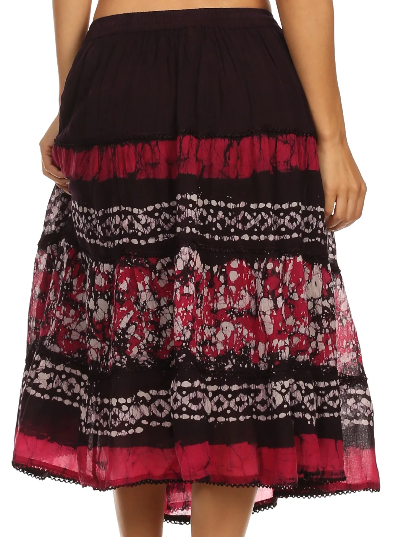 Sakkas Layla Adjustable Waist Batik Tiered Mid-length Skirt