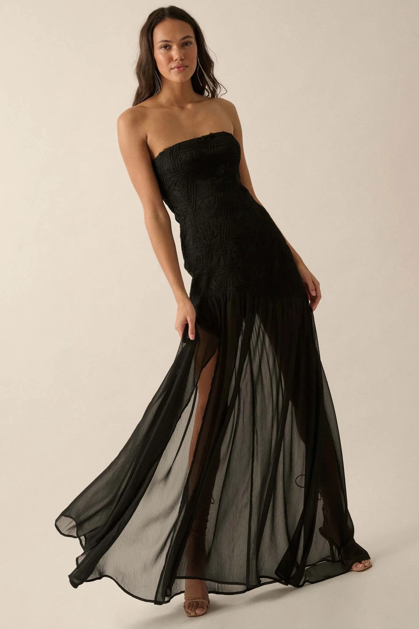 Sheer Fantasy Ribbon Lace Strapless Maxi Dress