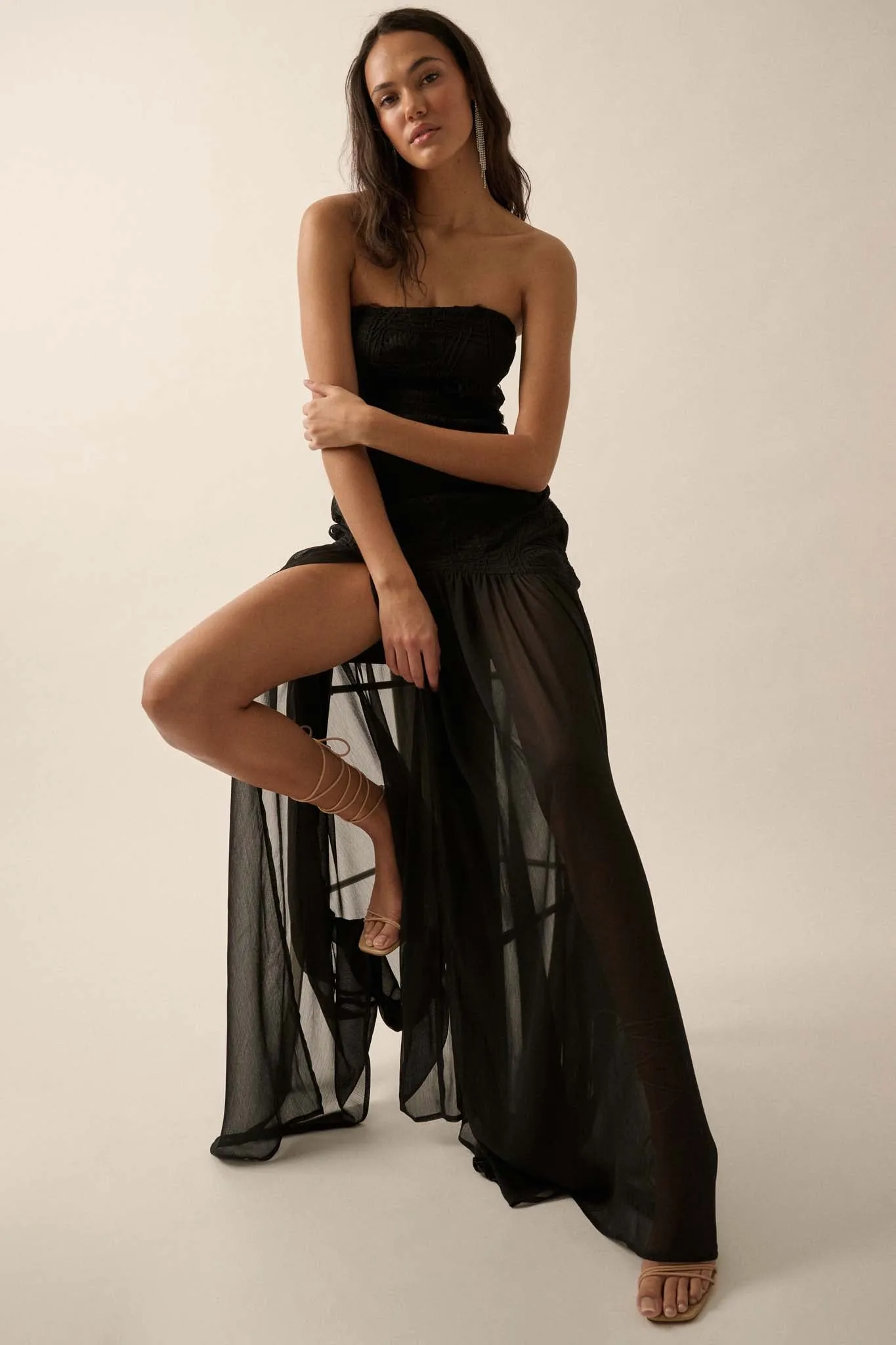 Sheer Fantasy Ribbon Lace Strapless Maxi Dress