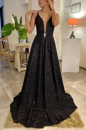 Shiny V Neck Backless Black Long Prom Dress, V Neck Black Formal Dress, Sparkly Black Evening Dress A1333