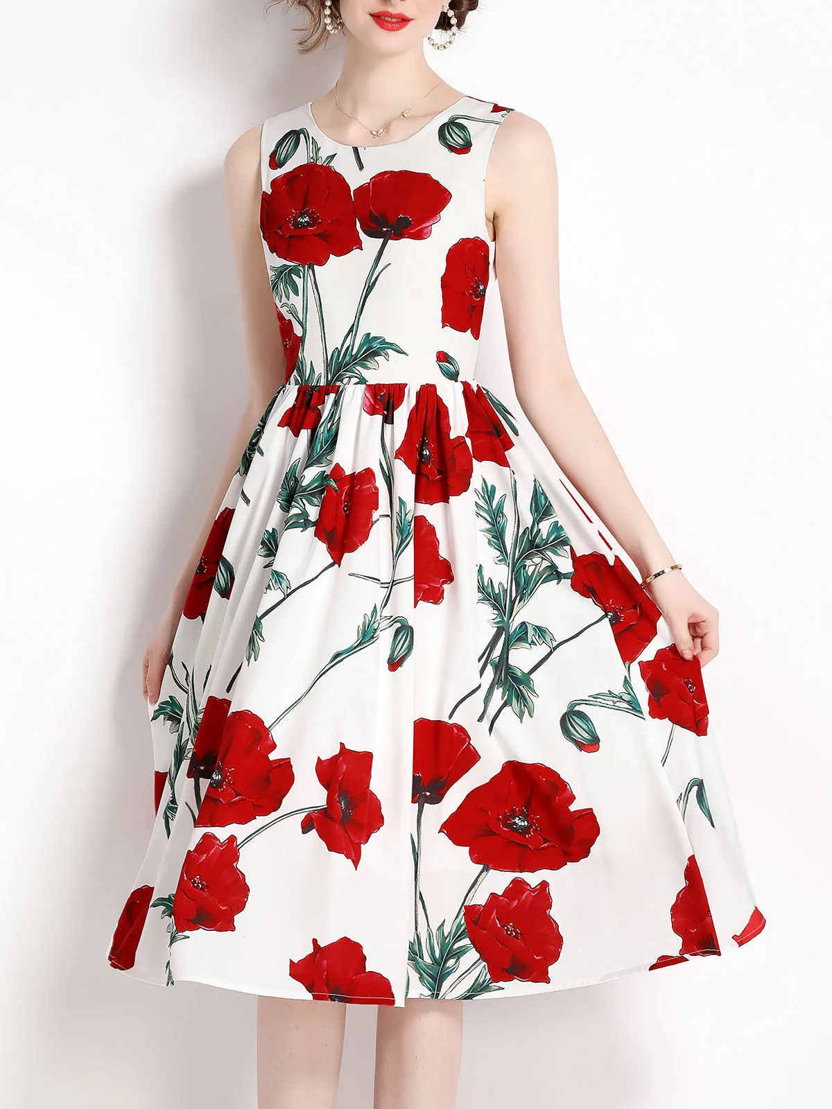 Sleeveless Vintage Hepburn Style Floral Printed High Waist Party Dress