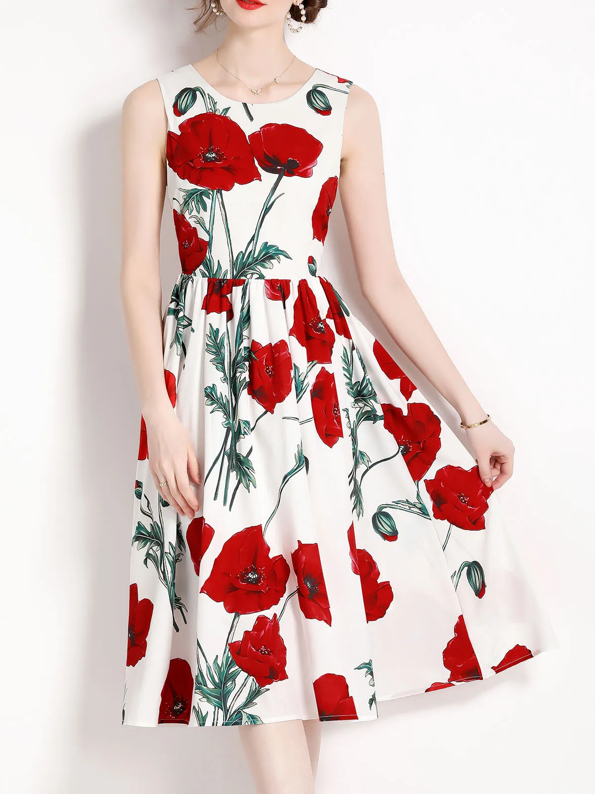 Sleeveless Vintage Hepburn Style Floral Printed High Waist Party Dress