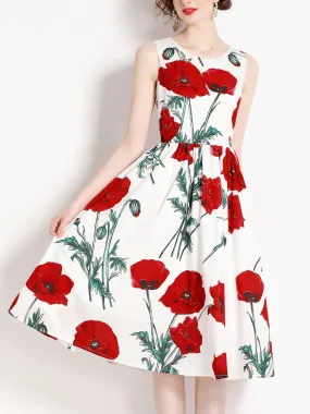 Sleeveless Vintage Hepburn Style Floral Printed High Waist Party Dress