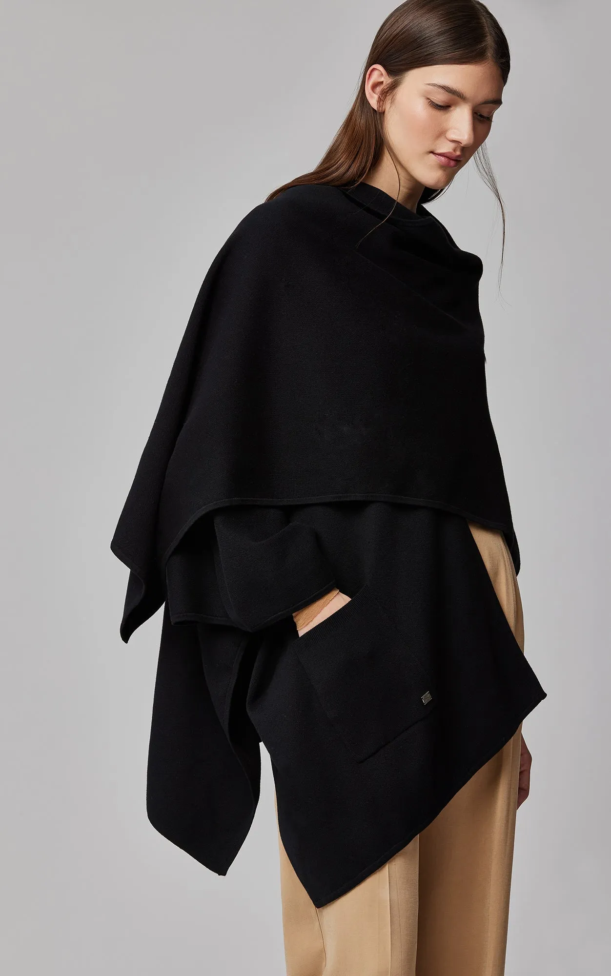 SOIA&KYO ATHENA - Asymmetric Knit Cape With Patch Pocket